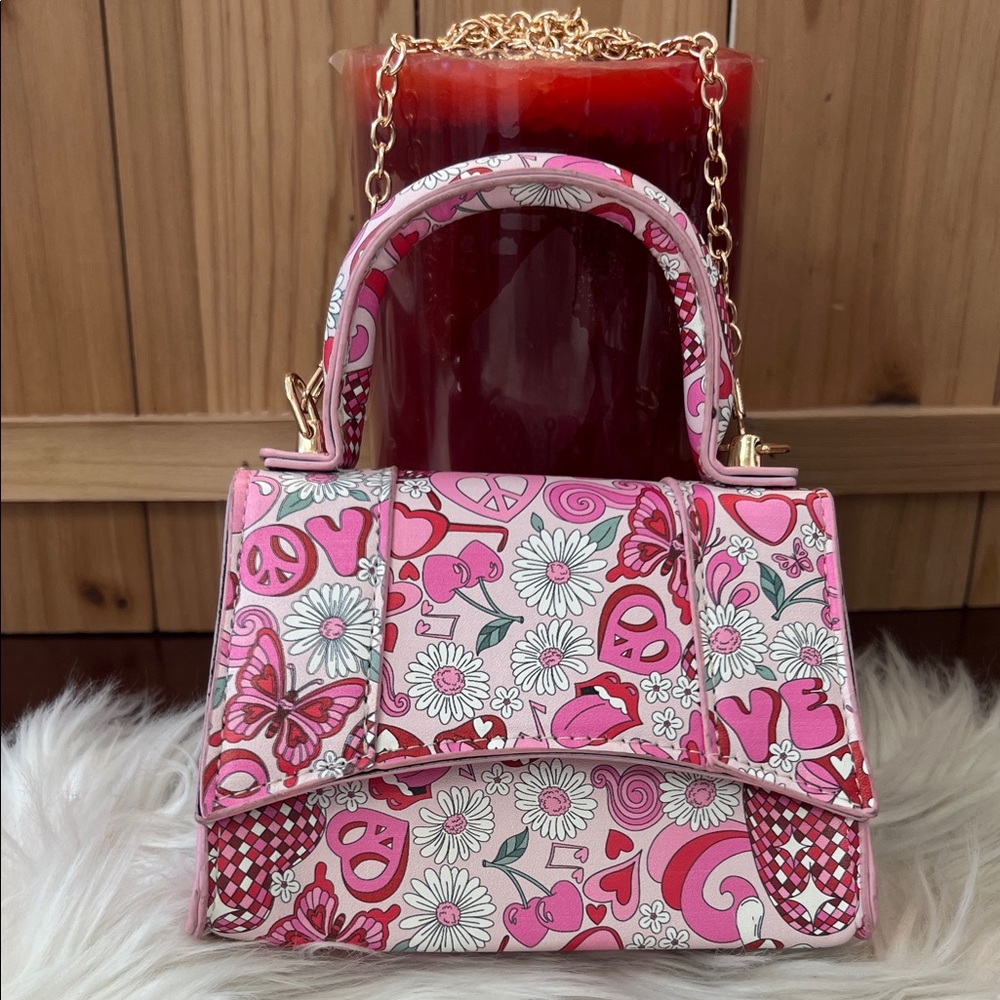 Pink Floral & Peace Sign Mini Top-Handle Bag